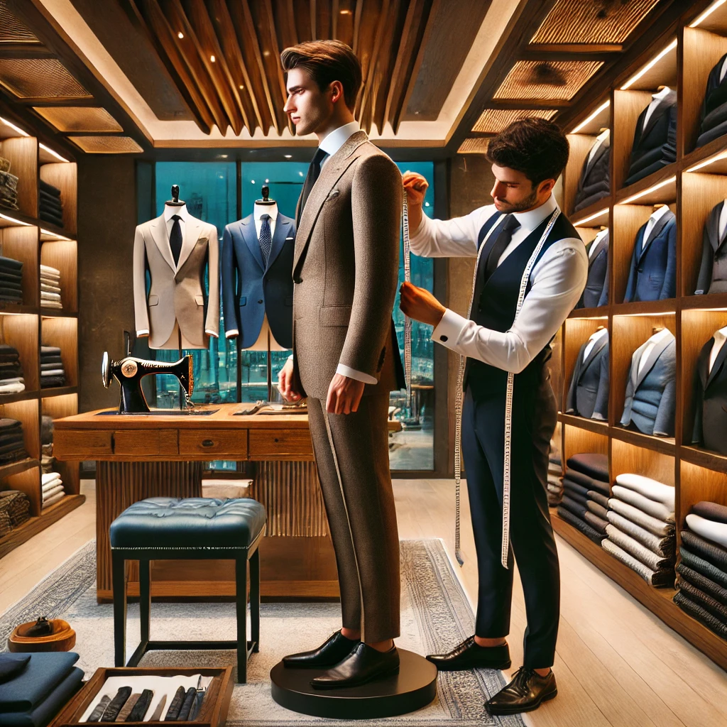 Skilled Dubai tailor adjusting a suit jacket in a modern tailoring shop