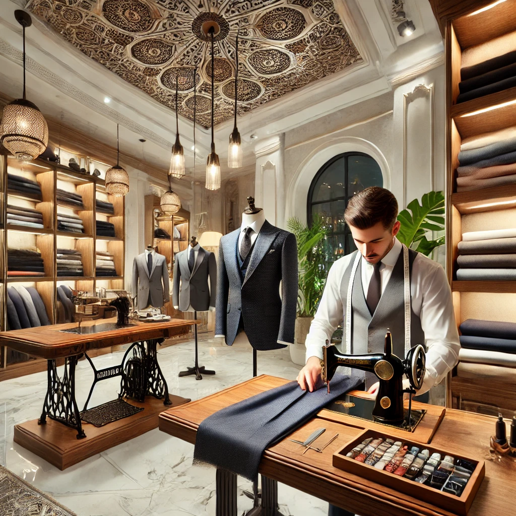 An elegant and modern tailoring shop interior in Dubai, showcasing a master tailor working on a suit