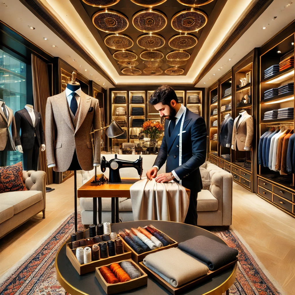 An elegant tailoring shop interior in Dubai with modern decor